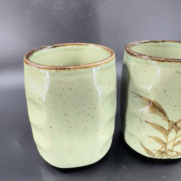 Vintage Oriental Stoneware Pottery Tumbler Drinking Cups Set 2 Light Green Cups - Picture 5 of 13